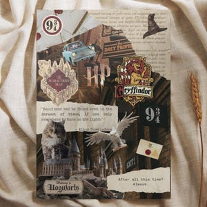 Op de afbeelding: Een collage met elementen uit de Harry Potter-serie. Bevat het Hogwarts-embleem, een blauwe auto, een kat, een uil en de tekst "After all this time? Always." De achtergrond is een mix van pagina's en perkament.