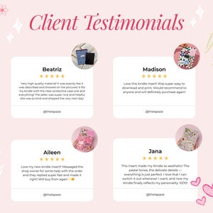 May include: A pink graphic with the text "Client Testimonials" and customer reviews. Each review includes a customer name, a five-star rating, and a short quote about a product. The reviews are accompanied by small product images.