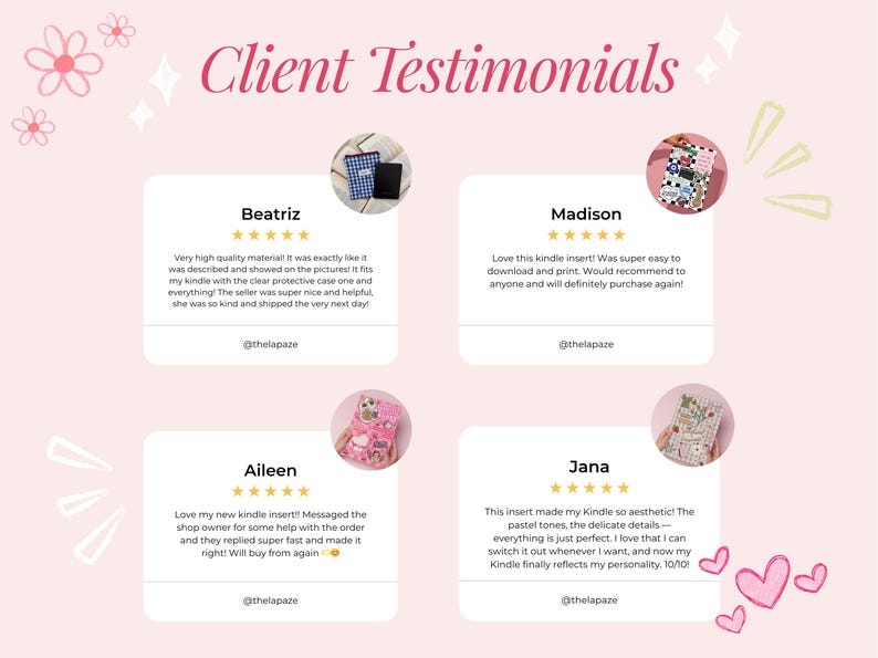 May include: A pink graphic with the text "Client Testimonials" and customer reviews. Each review includes a customer name, a five-star rating, and a short quote about a product. The reviews are accompanied by small product images.