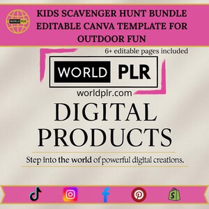 Può includere: Grafica rosa e bianca con il testo "KIDS SCAVENGER HUNT BUNDLE", "EDITABLE CANVA TEMPLATE FOR OUTDOOR FUN", "6+ pagine modificabili incluse", "WORLD PLR", "worldplr.com", "DIGITAL PRODUCTS", "Entra nel mondo delle potenti creazioni digitali."