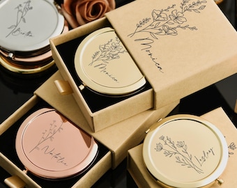 Custom Bridesmaids Makeup Mirror Set, Engraved Pocket Mirror with Name, Bridesmaid Gift, Gift for Her, Bridal Shower Gift, Compact Mirror