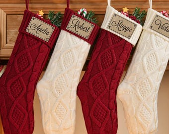 Gepersonaliseerde familiekerstsokken, 2025 gegraveerde leren kousen met patch, op maat gebreide kousen met naam, decoratiecadeau voor de feestdagen