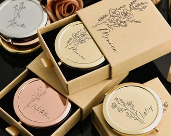 Custom Bridesmaids Makeup Mirror Set, Engraved Pocket Mirror with Name, Bridesmaid Gift, Gift for Her, Bridal Shower Gift, Compact Mirror