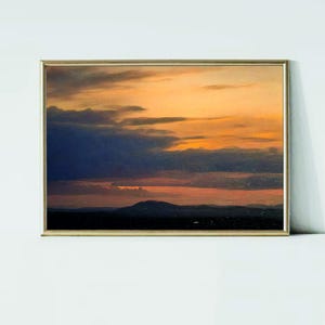 Printable Golden Sunset Landscape Wall Art - Digital Moody Mountain Painting with Dramatic Sky