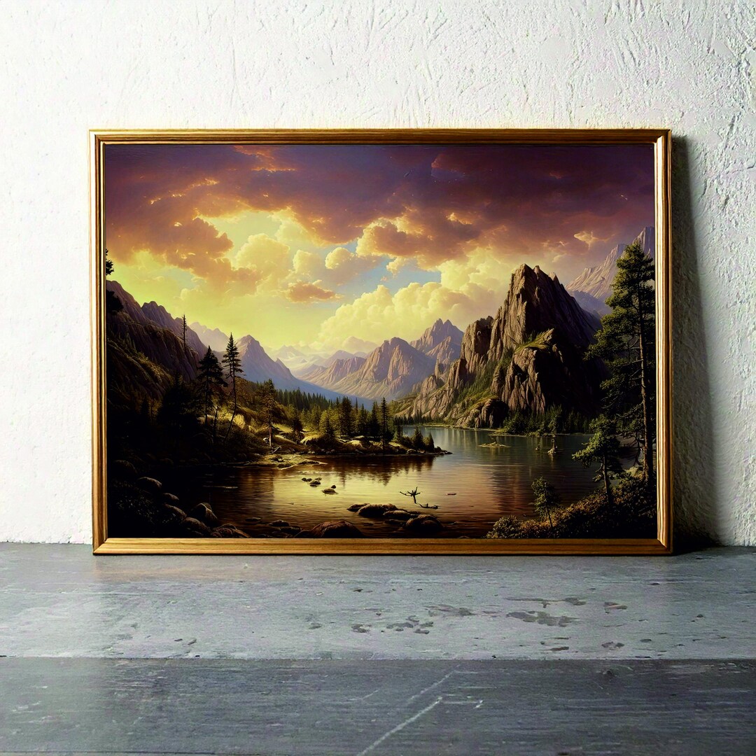 Majestic Golden Mountain Landscape Digital Art | Serene Lake Sunset ...