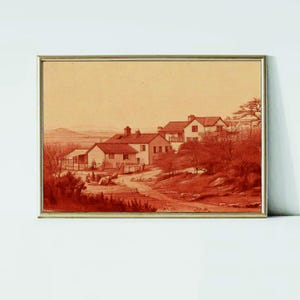 PRINTABLE Vintage Cityscape Painting | Country Village Neutral Wall Art | Digital Download
