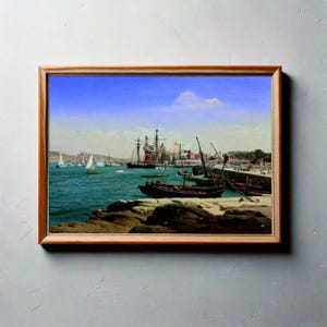 Vintage Nautical Harbor Scene Wall Art Print, Historic Sailing Ships Poster, Maritime Coastal Decor, Old Port City Digital Download