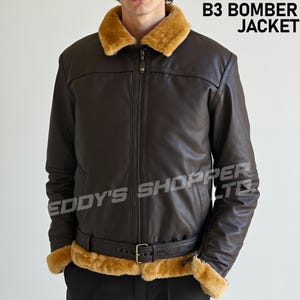 Shearling B3 Bomber Leather Jacket - Handmade Brown Bomber RAF Aviator Jacket - Genuine B3 Leather Aviator Flight Fur Bomber Jacket