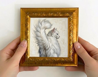 Original White Cat Oil Painting, Miniature Framed Pet Portrait, Cottagecore Decor