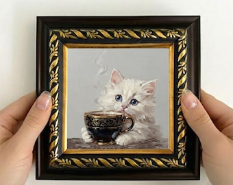 White Kitten with Coffee Cup Oil Painting, Mini Framed Art, Whimsical Coffee Lover Gift