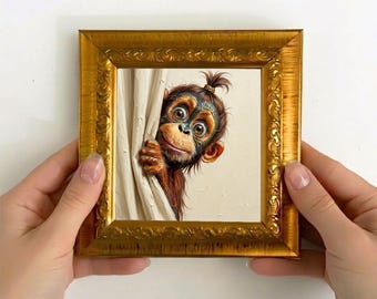 Baby Monkey Peeking Wall Art,Playful Jungle Art, Mini Oil Painting Framed Canvas