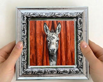 Peinture à l'huile d'âne, art mural d'animaux de la ferme, décoration rustique miniature