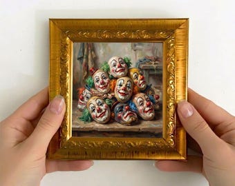 Clown Masks Original Oil Painting, Dark Circus Art, Creepy Clown Wall Decor