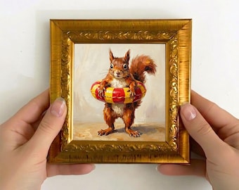 Scoiattolo, dipinto ad olio originale, opera d'arte animale fantasiosa, piccolo quadro incorniciato