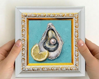 Pintura de ostras con limón, arte costero de mariscos, mini bodegón enmarcado.