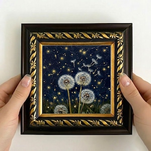 Cuadro al óleo "Noche de diente de león", arte mural de luciérnagas, lienzo enmarcado de 5 x 5 pulgadas.