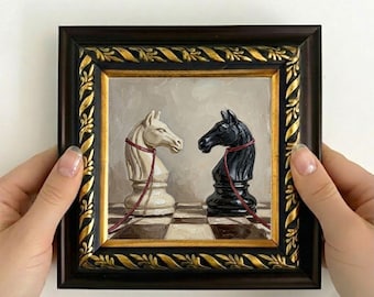 Chess Knight Wall Art, Black and White Horse Painting, Small Framed Canvas
