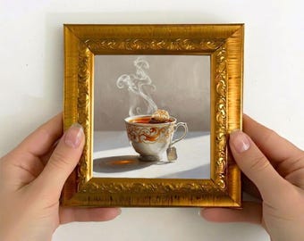 Tea Cup Art ,Still Life Artwork, Mini Framed Painting, Cozy Kitchen Wall Decor