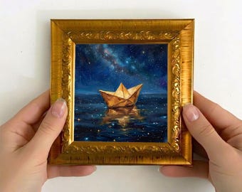 Paper Boat Original Oil Painting, Night Ocean Art, Starry Sky Mini Canvas Small Framed