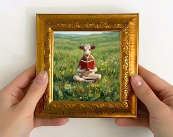 Pintura de vaca leyendo, arte de animales de granja, decoración de pared de pradera pastoral