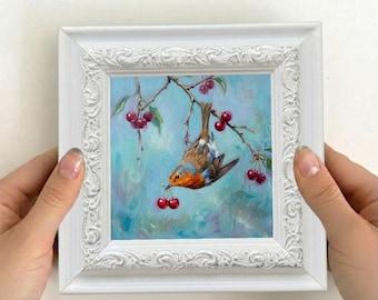 Bird and Cherry Painting, Whimsical Bird Wall Decor, Framed Mini Canvas Art
