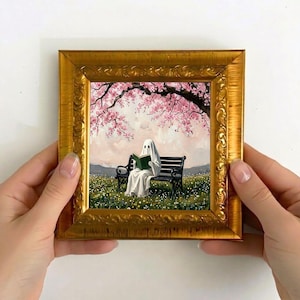 Ghost Reading Oil Painting, Cherry Blossom Ghost Art, Mini Framed Artwork