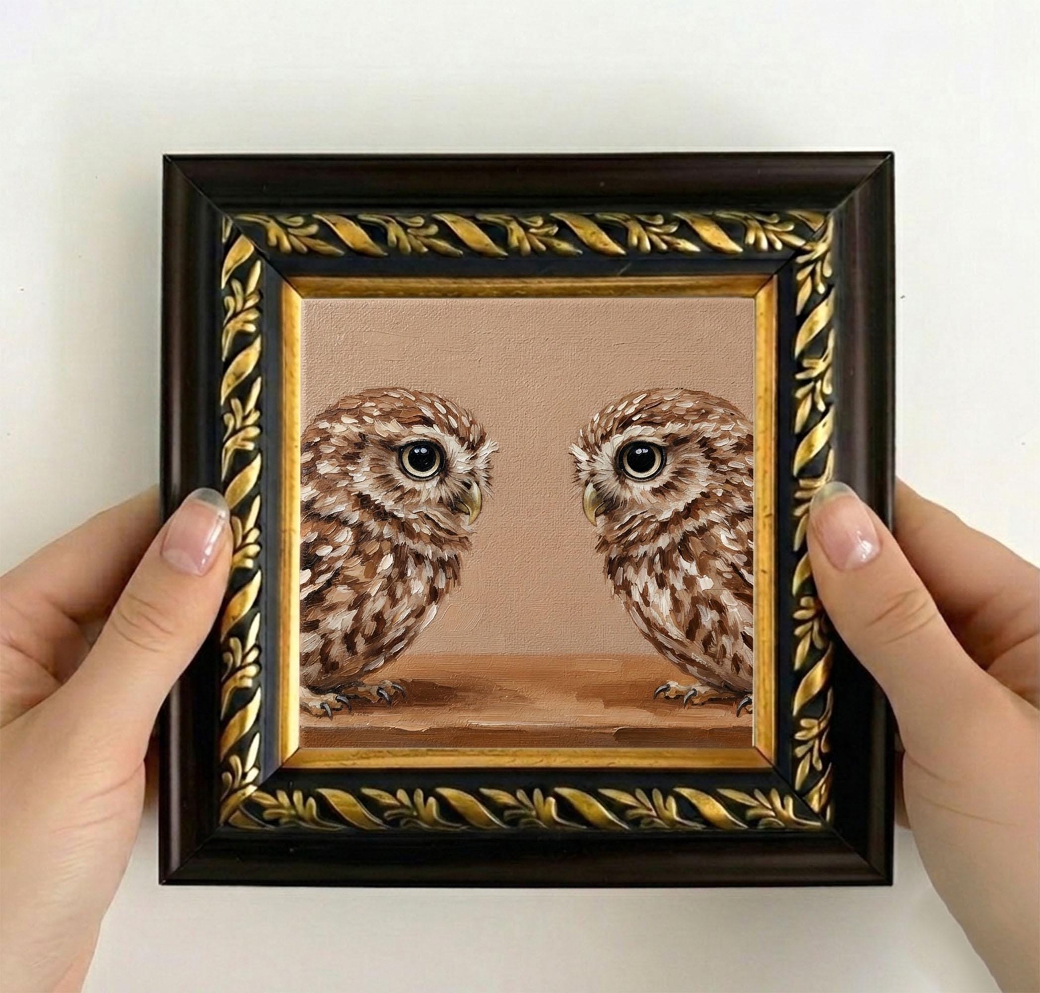 Two Owl Oil Painting Framed Canvas Art, Mini Bird Artwork