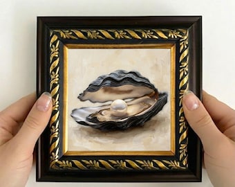 Pearl Oyster-schilderij, elegante schelpkunst, minimalistische oceaanmuurdecoratie