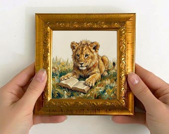 Lion Cub Reading Book Original Oil Painting, Storybook Small Art