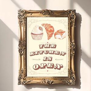 Vintage Bakery Wall Art – The Kitchen is Open – Retro Pastry Print