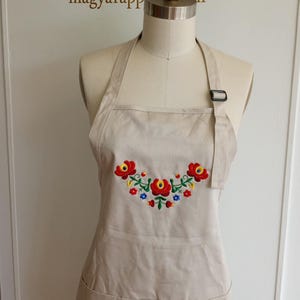 Hungarian Matyo Embroidered Apron In Stock Natural Canvas Adjustable w Pockets Gift Item