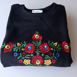 Matyo Sweatshirt Hungarian Embroidered Matyo Black Premium Champion Sweatshirt In stock Ready to ship Gift Item