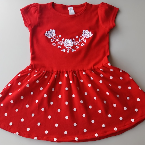 Embroidered Matyo Dotted Toddler Dress Red Cotton 2T, 3T, 4T, 5-6T
