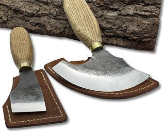 Hand-Forged Leather Knives – Round Knife & Beveled Skiving Knife, 52100 Steel Blades, Ash Handles, Leather Sheaths Included, Trimming Knife.