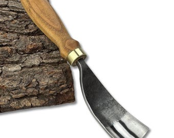 Hand-Forged Bent Gouge for Spoon & Bowl Carving – 52100 Carbon Steel Blade, Ergonomic Ash Handle, Long U-Bent Chisel, Woodworking Gift.