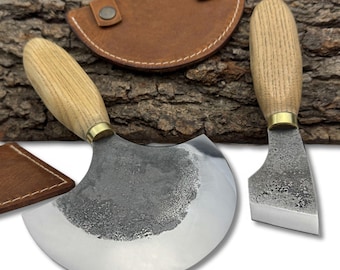 Hand-Forged Leather Knives with Leather Sheaths – Half Moon Knife & Beveled Skiving Knife, 52100 Steel Blades, Ash Handles, Trimming Knife.