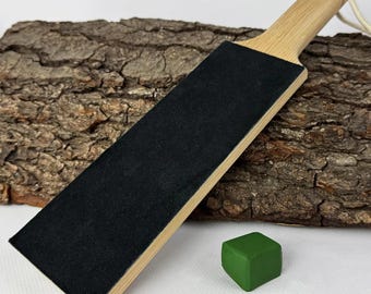 Genuine Leather Sharpening Strop – Oak Wood, Sharpening Board, Single-Sided Strop with Green Polishing Paste for Knives & Wood Carving Tools