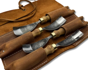 Hand Forged Bent Gouges – 52100 Steel Blades, Ergonomic Ash Handles, Leather Roll, Long U-Bent Tools, Spoon Carving Tools, Swan-Neck Gouges.