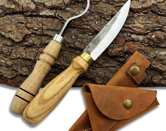 Spoon Carving Tool Set 2-Piece – Hand-Forged Hook Knife & Sloyd Knife, Carbon Steel Blades, Ash Wood Handles, Leather Sheath, Wood Carving