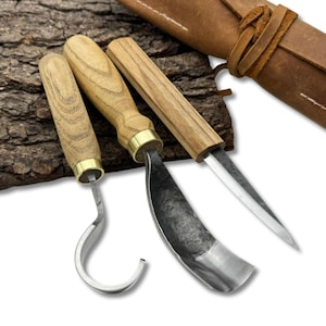 Spoon Carving Tool Set with Leather Roll – 3 Piece Hand-Forged Set with Bent Gouge, Hook Knife & Sloyd Knife, Ash Handles, Carbon Blades.