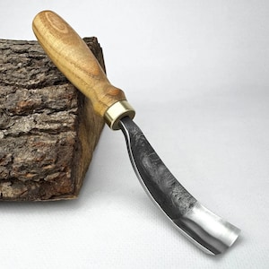 Hand-Forged Bent Carving Gouge – 52100 Steel, Multiple Sizes, Ergonomic Ash Handle, Sharpened Tool for Hollowing & Sculpting, Spoon Gouge.