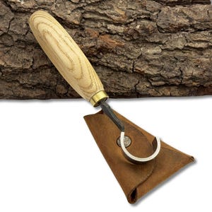 Hand-Forged TWCA Cam Knife, Carbon Steel Blade, Ash Handle, Leather Sheath, Sharp & Ready to Use, Spoon Carving Tool, Gift for Wood Carvers.