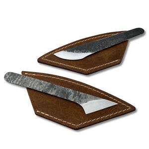 Kiridashi Knives – Hand-Forged Carbon Steel Utility Knife Set 2-Piece, Straight & Rounded Blade, Leather Sheath, Wood Carving, Leather Craft