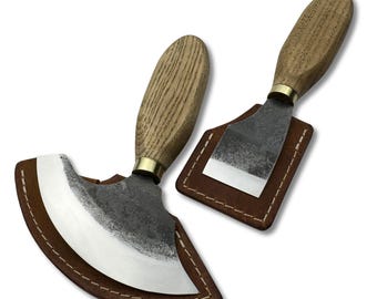 Hand-Forged Leather Knives – 52100 Steel Blades with Ergonomic Ash Wood Handles, Leather Sheaths, Round & Skiving Knife for Leatherworking.
