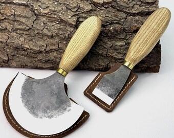 Leather Half Moon Knife & Straight Skiving Knife Set – Hand-Forged Carbon Steel Blades, Ash Handles, Sharpened Knives for Leatherworking.