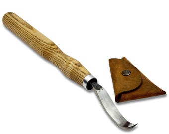 Hand-Forged Long Hook Knife – 52100 Carbon Steel, Ash Wood Handle, Leather Sheath Included, Sharpened Tool for Spoon, Kuksa & Bowl Carving.