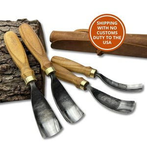 Bent Gouges with Leather Roll – Hand-Forged Carbon Steel Blades, Ergonomic Ash Handles, Wood Carving Gouge, Bent Chisel, Spoon Carving Tools