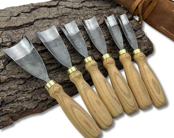 Wood Carving Gouges – Hand-Forged Carbon Steel Blades, Ergonomic Ash Handles, Cups & Bowls Carving Tools with Leather Roll, Sculptural Gouge