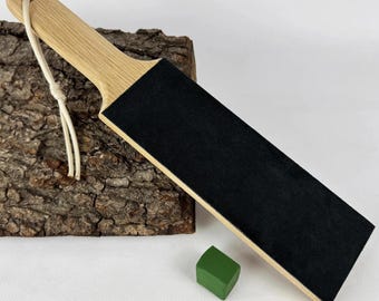 Leather Sharpening Strop – Oak Wood, Genuine Leather, Sharpening Board with Green Polishing Paste, One-Sided Strop for Knives & Carving Tool