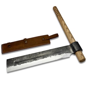 Hand-Forged Froe – 52100 Carbon Steel Blade, Ash Handle, Leather Sheath Included, Heavy-Duty Log Splitting Tool for Woodworkers & Carvers.